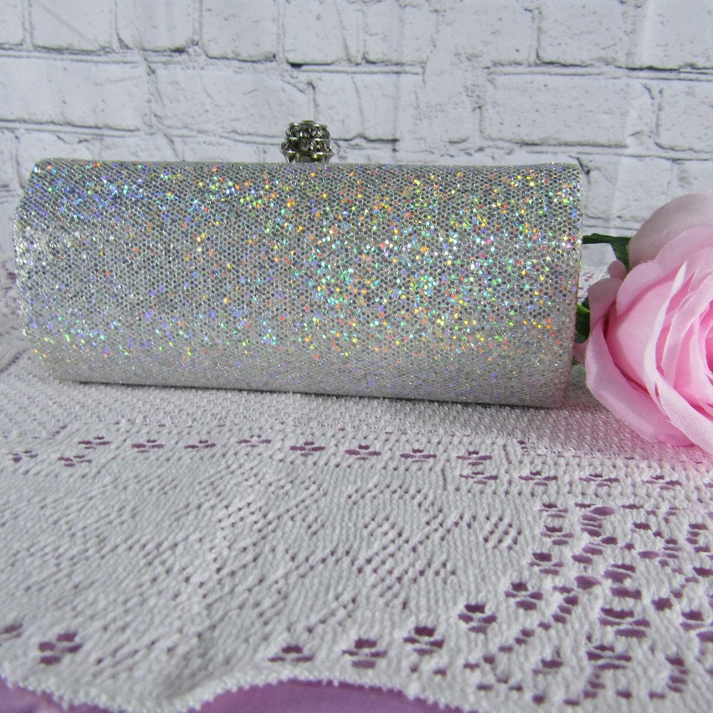 J. Furmani Silver Hard Case Evening Clutch With Rhinestone Closure